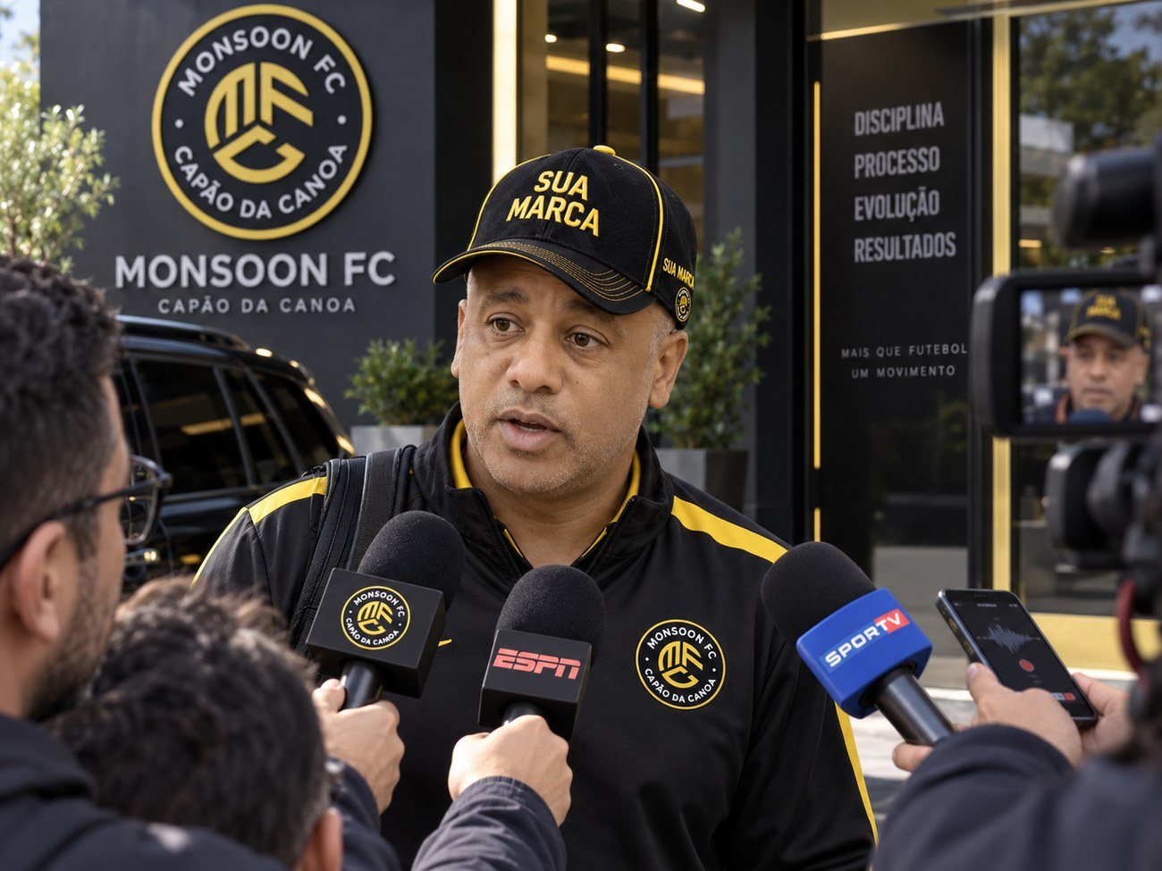 Treinador com o boné durante entrevista